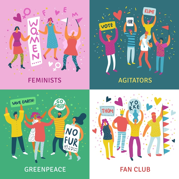 Free vector people parade 2x2 illustration concept set of feminists agitators greenpeace and fan club square illustration