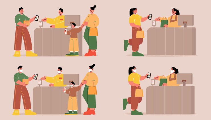 무료 Vector 사람들은 슈퍼마켓의 계산대에서 구매 비용을 지불합니다. 비접촉 결제, nfc 기술의 개념입니다. 매장에 전화가 있는 마스크를 쓴 계산원과 쇼핑객이 있는 평면 그림의 벡터 세트