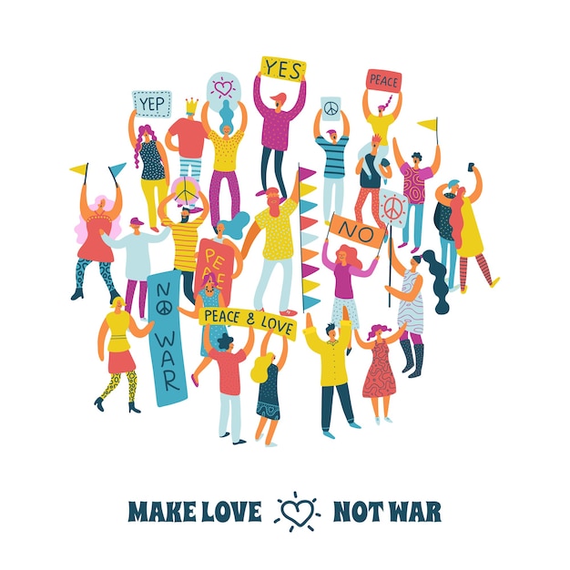 People for peace design concept with protesting crowd and make love not war text