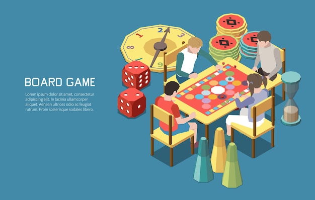 Free vector people playing board games isometric compositon