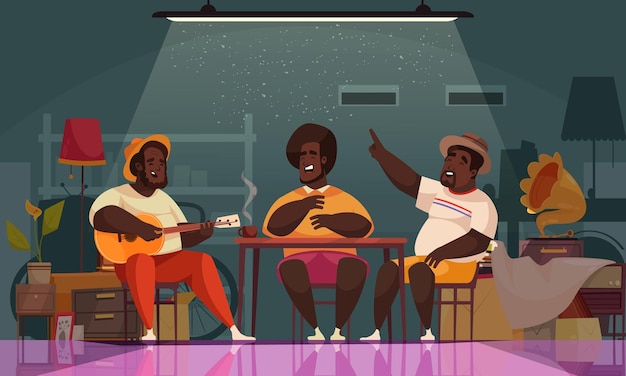 People playing guitar composition with indoor scenery and group of singing african american friends with guitar illustration