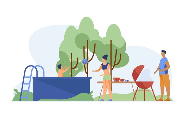 People playing, swimming, cooking at backyard. Barbecue, park, nature flat vector illustration. Summer activity and weekend concept 