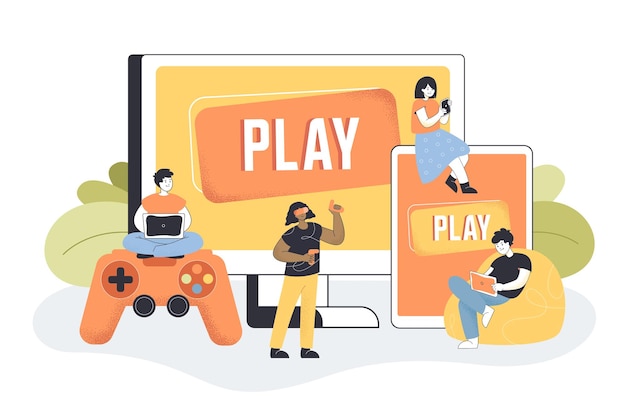 Люди играют в видеоигры на мобильном телефоне и компьютере. мужчины и женщины играют в консоль, используя различные аппаратные устройства, ноутбуки или планшеты с плоскими векторными иллюстрациями. концепция кроссплатформенной игры