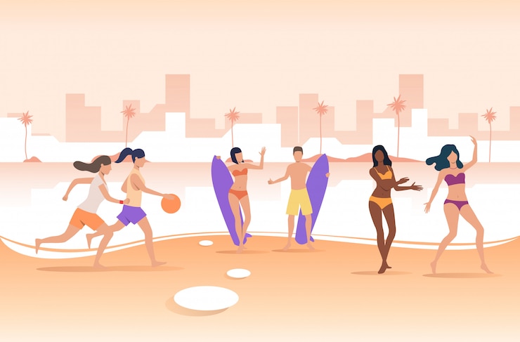 Free Vector people playing with ball and holding surfboards on city beach