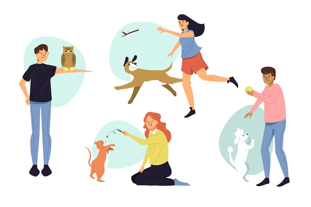 Free vector people playing with their pets collection