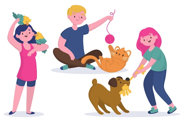 Free vector people playing with their pets collection