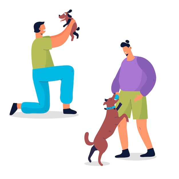 Free vector people playing with their pets concept