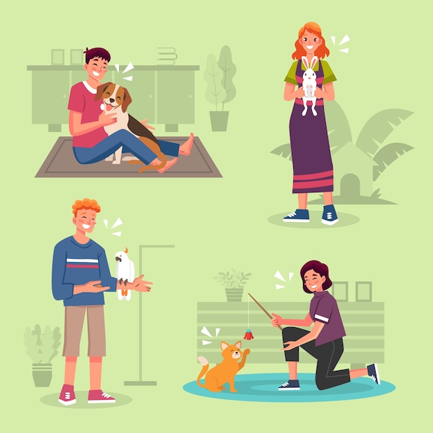 Free vector people playing with their pets