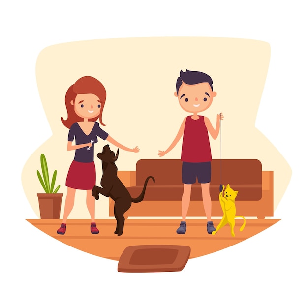 Free vector people playing with their pets