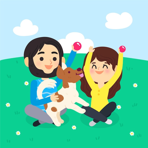 Free vector people playing with their pets