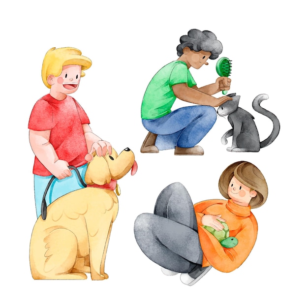 Free vector people playing with their pets