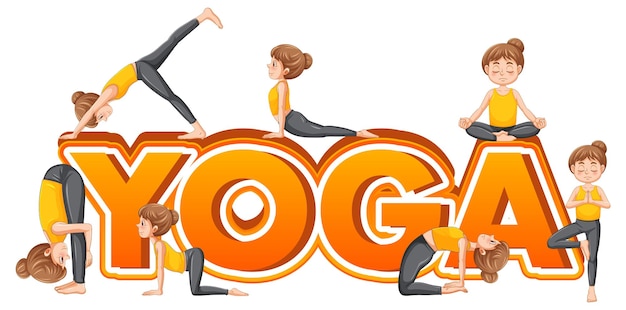 People practicing yoga with text