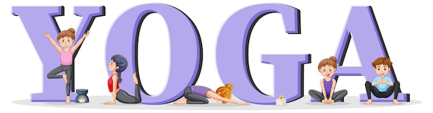 People practicing yoga with text