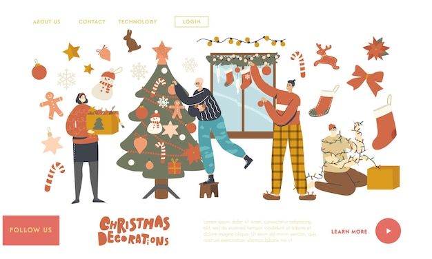 사람들은 홈 랜딩 페이지 템플릿에서 새해나 크리스마스를 준비합니다. 캐릭터는 크리스마스 트리를 장식합니다. 전나무 나무와 창에 싸구려와 화환을 거는 가족 또는 친구. 선형 벡터 일러스트 레이 션