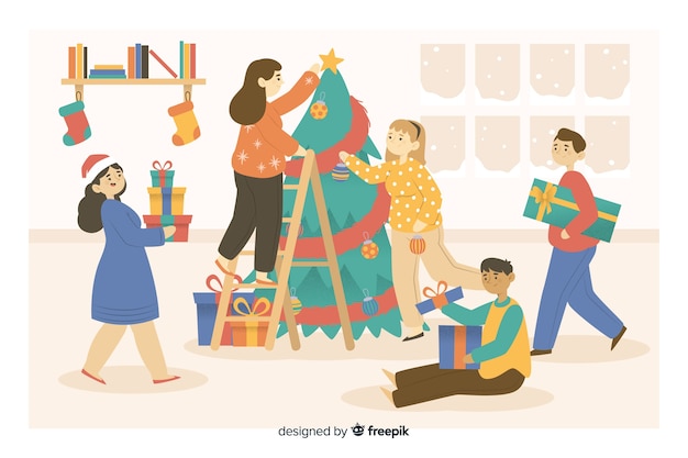 Free vector people preparing christmas tree cartoon