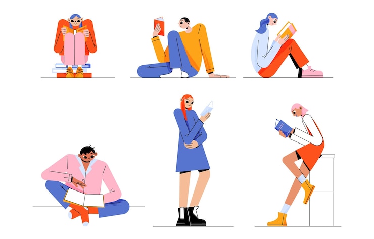 Free Vector people reading books in club home or library set