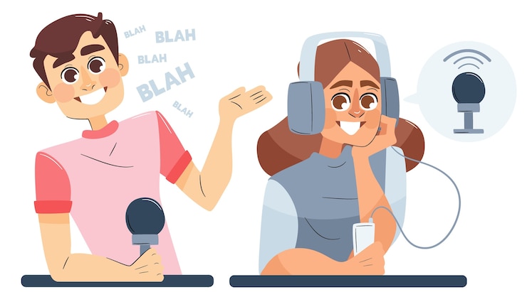 Free Vector people recording and listening podcasts