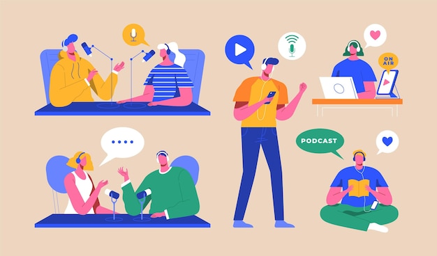 people recording and listening podcasts