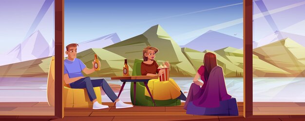 사람들은 호수와 산의 전망을 갖춘 홈 테라스에서 휴식을 취합니다. 주말에 팝콘 맥주와 담요가 있는 탁자 근처의 의자에 앉아 열린 나무 베란다에서 쉬고 있는 친구 만화 벡터 일러스트레이션