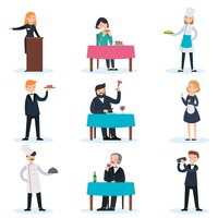 Free vector people in restaurant set with administrator chef cook waiter waitress bartender critic and customers isolated