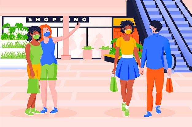 Бесплатное векторное изображение Люди возвращаются в торговые центры в новых нормальных сценах
