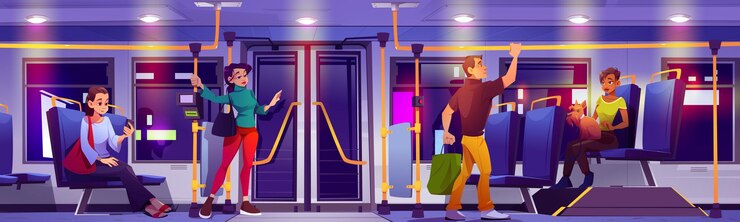 Free Vector people ride in city bus at night vector cartoon illustration of autobus interior with seats ticket validator sitting woman with dog and standing man passengers in public transport in evening