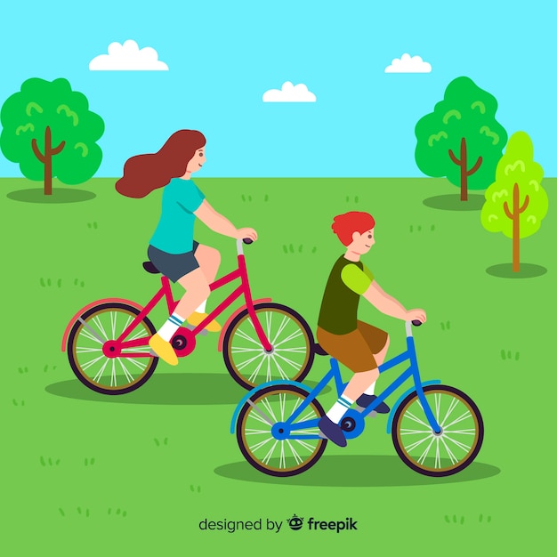 공원에서 자전거를 타는 사람들