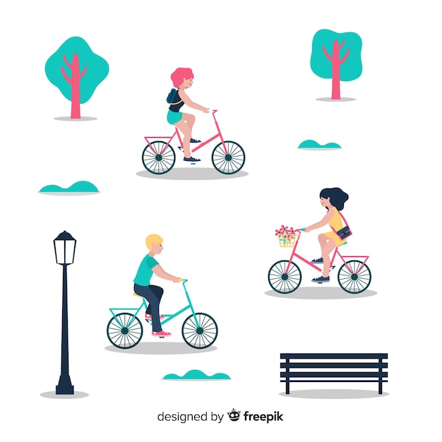 Free vector people riding bicycles in the park