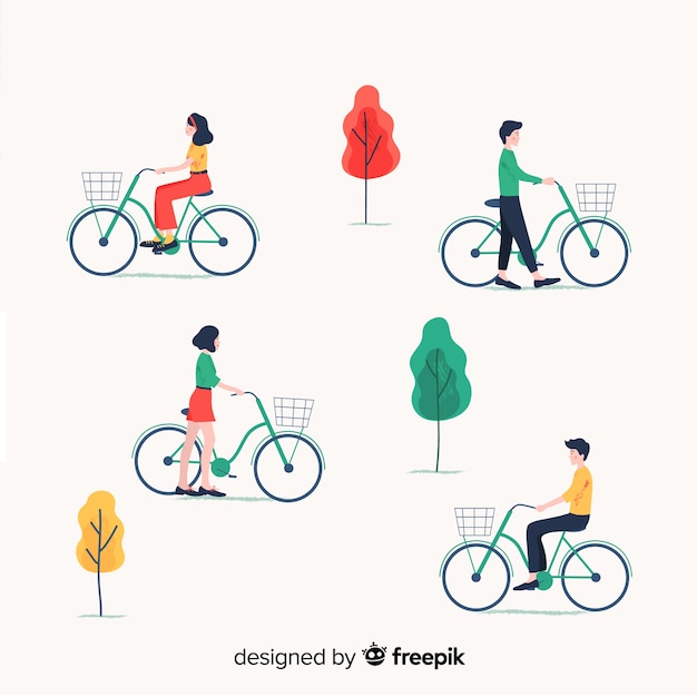 Free vector people riding a bike in the park collection