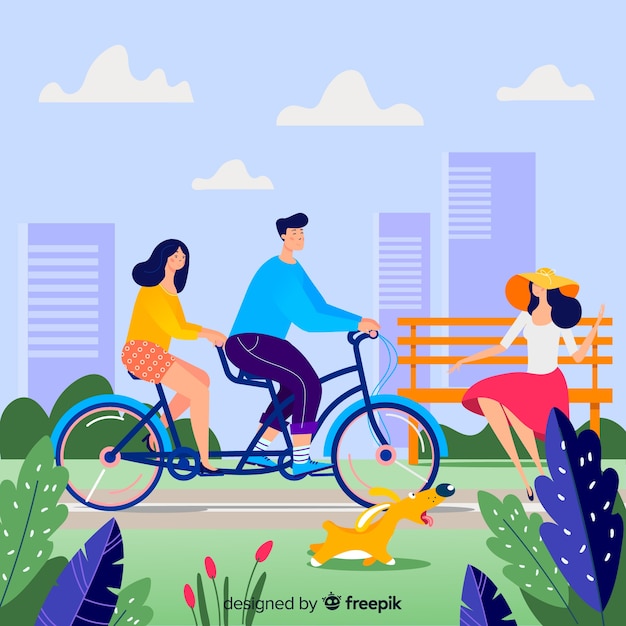 Free vector people riding a bike in the park