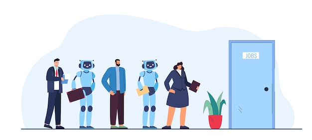 Люди и роботы получают работу с плоской векторной иллюстрацией. Роботы и деловые люди стоят в очереди на собеседование при приеме на работу в век технологий и инноваций. Подбор персонала, концепция занятости