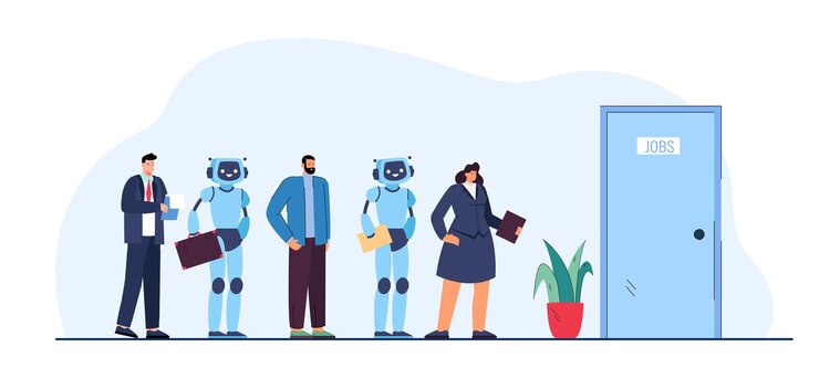 Free Vector people and robots getting job flat vector illustration. robots and business people standing in line to be interviewed for work in age of technology and innovation. recruitment, employment concept