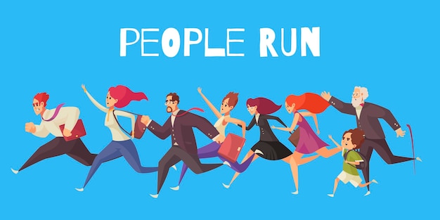 people run illustration on blue wall