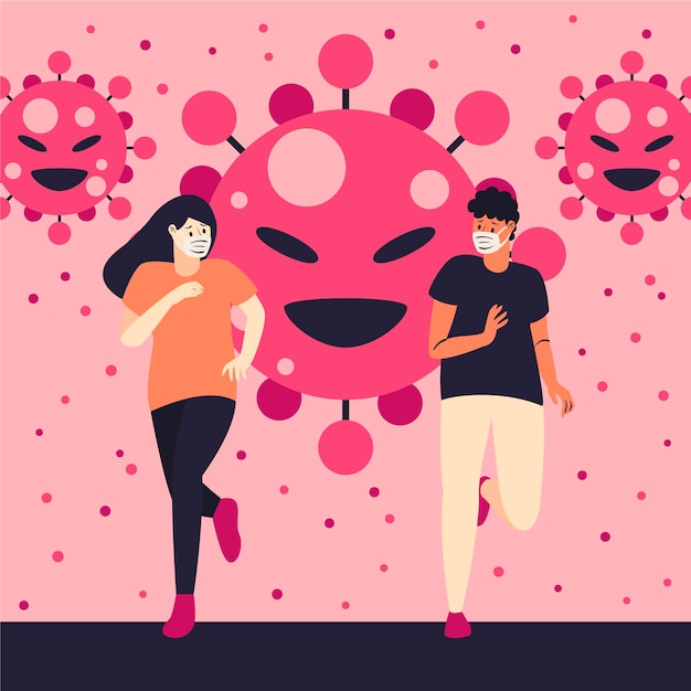Бесплатное векторное изображение Люди убегают от частиц коронавируса