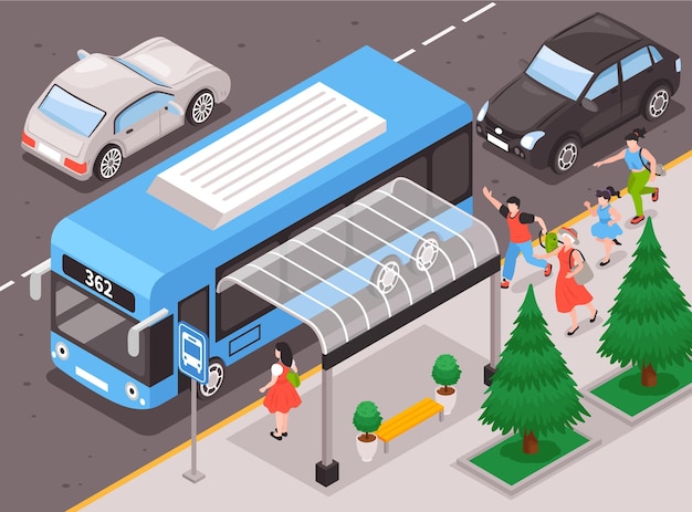 버스 정류장 및 서둘러 기호 아이소메트릭 그림으로 버스 배경을 위해 달리는 사람들