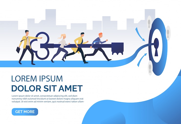 Free Vector people running and carrying key to unlock keyhole, sample text