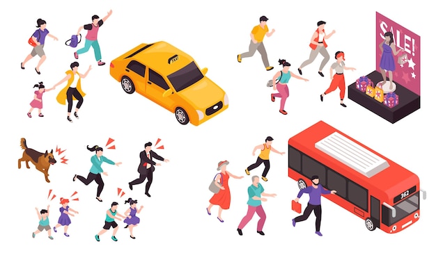 People running set with bus dog and sale symbols isometric isolated vector illustration