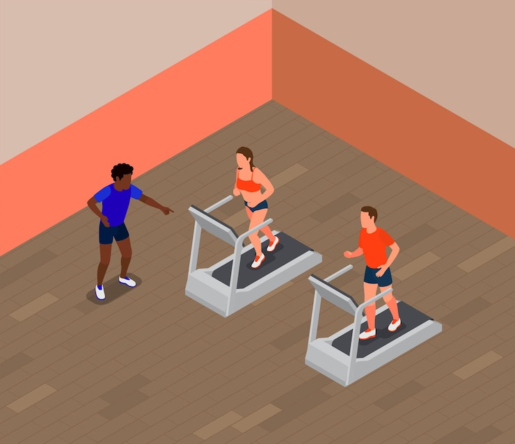 Free Vector people running on treadmill in gym isometric composition vector illustration