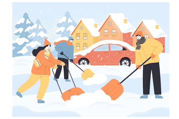People in seasonal clothes cleaning roads buried in snow together. male and female characters removing ice with shovels after winter storm flat vector illustration. winter, outdoor activities concept
