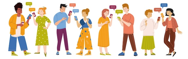 사람들은 온라인 채팅에서 메시지를 보냅니다. 소셜 미디어 인터넷 통신에서의 대화 개념 휴대전화와 말풍선이 있는 행복한 캐릭터의 벡터 평면 그림