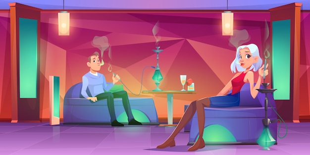 People in shisha bar, man and woman smoking hookah