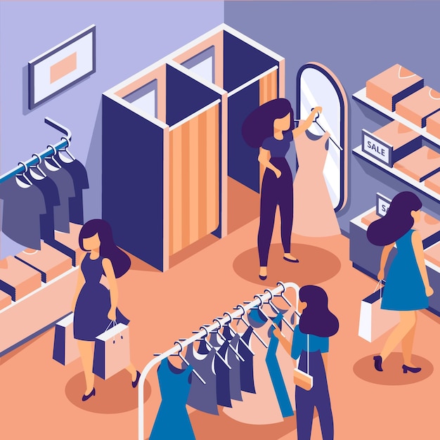 Free vector people shopping in an isometric clothing store