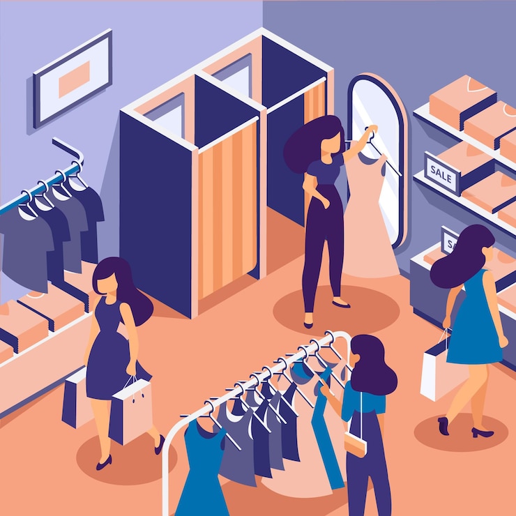 Free Vector people shopping in an isometric clothing store