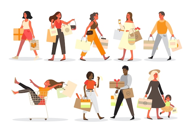 People shopping set. collection of person with bag and box. big sale and discount. grocery or fashion store. customer with shopping bags. cheerful buyer.