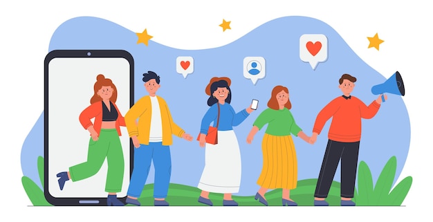 Бесплатное векторное изображение Люди появляются на экране телефона с плоской векторной иллюстрацией. мужчины и женщины держатся за руки, стоят в очереди, приглашают друзей присоединиться к онлайн-сервису и зарабатывают деньги. реферальная система, концепция лояльности