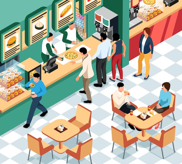 Free vector people sit at tables and make orders at cafe on food court isometric vector illustration