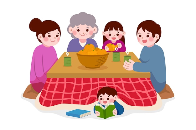 Free vector people sitting around a kotatsu table and child reading