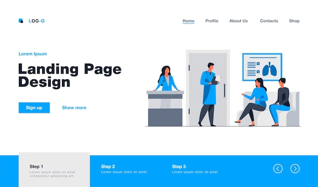 無料ベクター 病院の廊下に座って、フラットスタイルで医師のランディングページを待っている人々