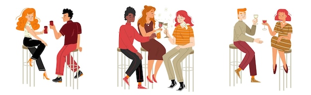Люди сидят на стульях в баре и пьют алкоголь Векторная плоская иллюстрация счастливых женщин и мужчин с вином и пивом в ресторане или кафе Концепция знакомства или встречи друзей