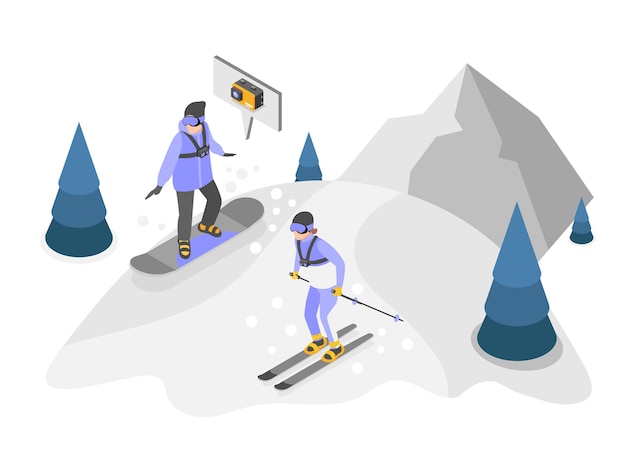 Free vector people skiing and snowboarding downhill shooting themselves on action camera isometric composition vector illustration